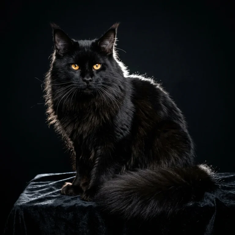 Dramatic solid black Maine Coon cat with golden eyes