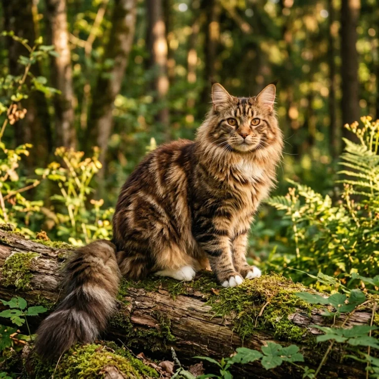Classic brown tabby Maine Coon cat in forest setting