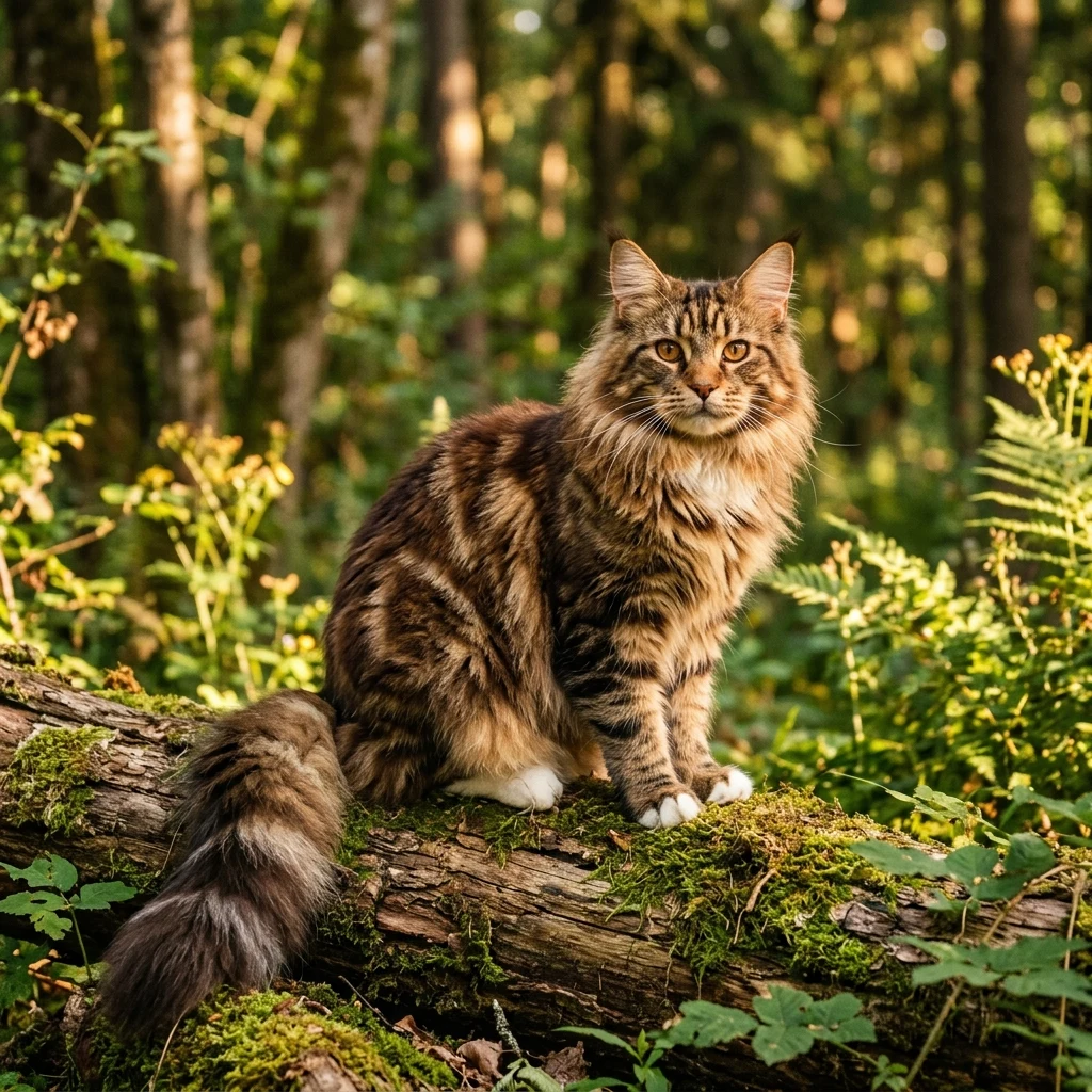 Classic brown tabby Maine Coon cat in forest setting