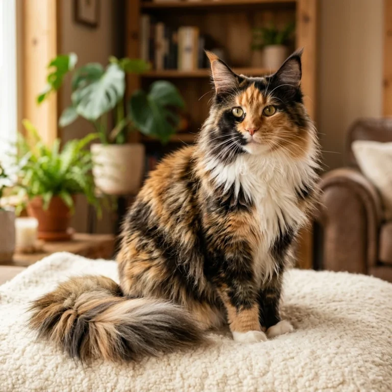 Calico Maine Coon cat with white black and orange patches