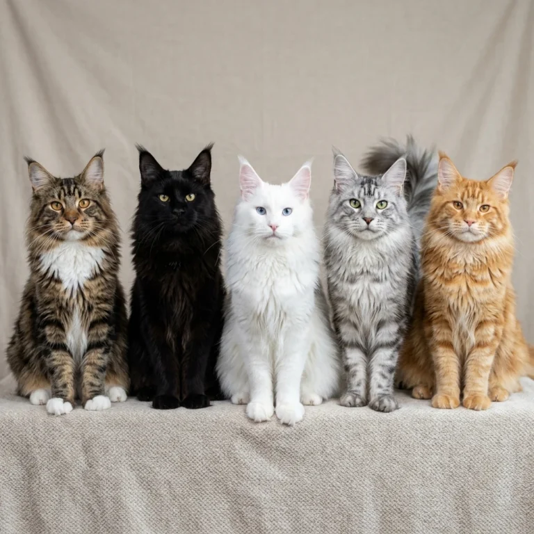 Maine Coon cats in different colors brown silver black white orange