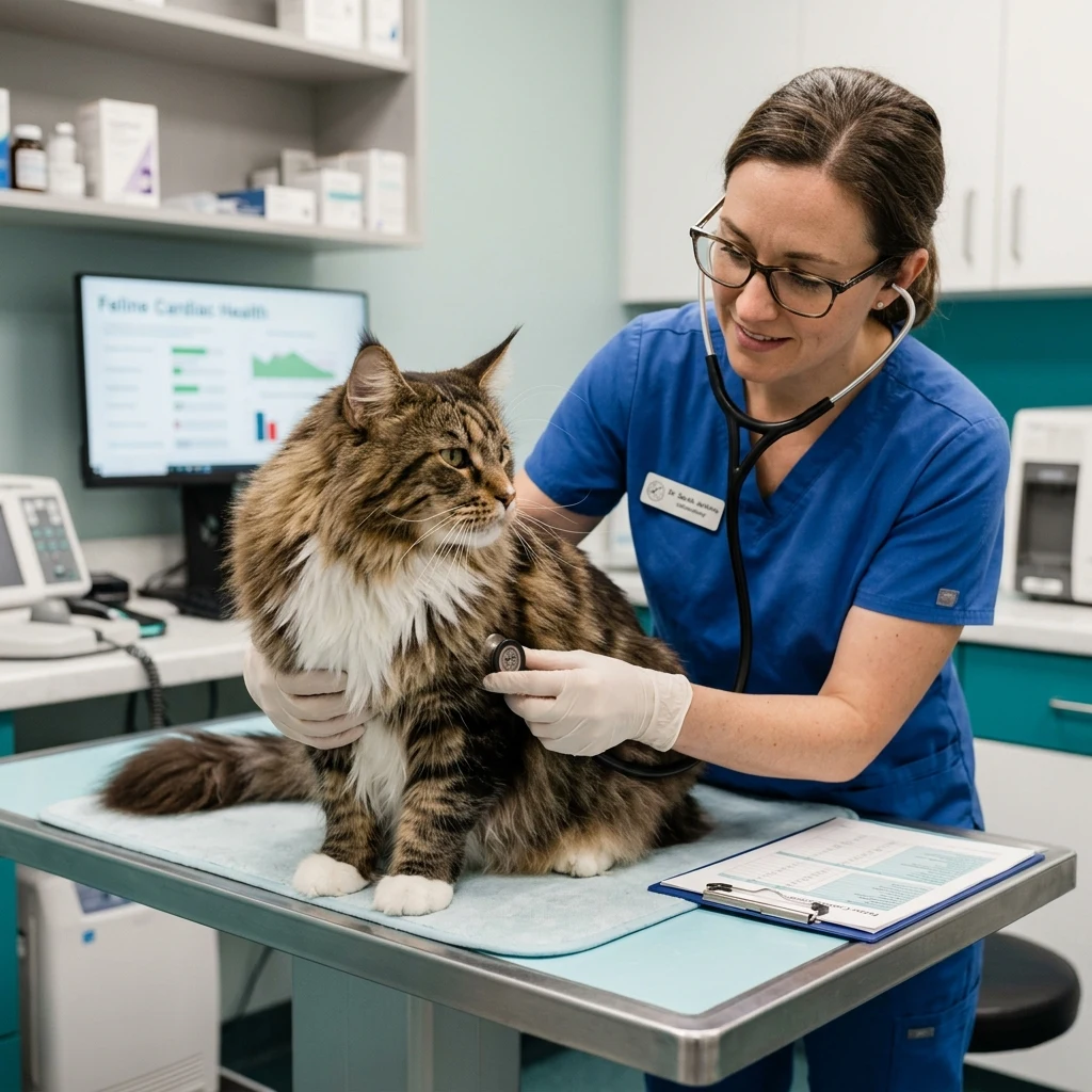 Maine Coon cat being examined by veterinarian for heart health