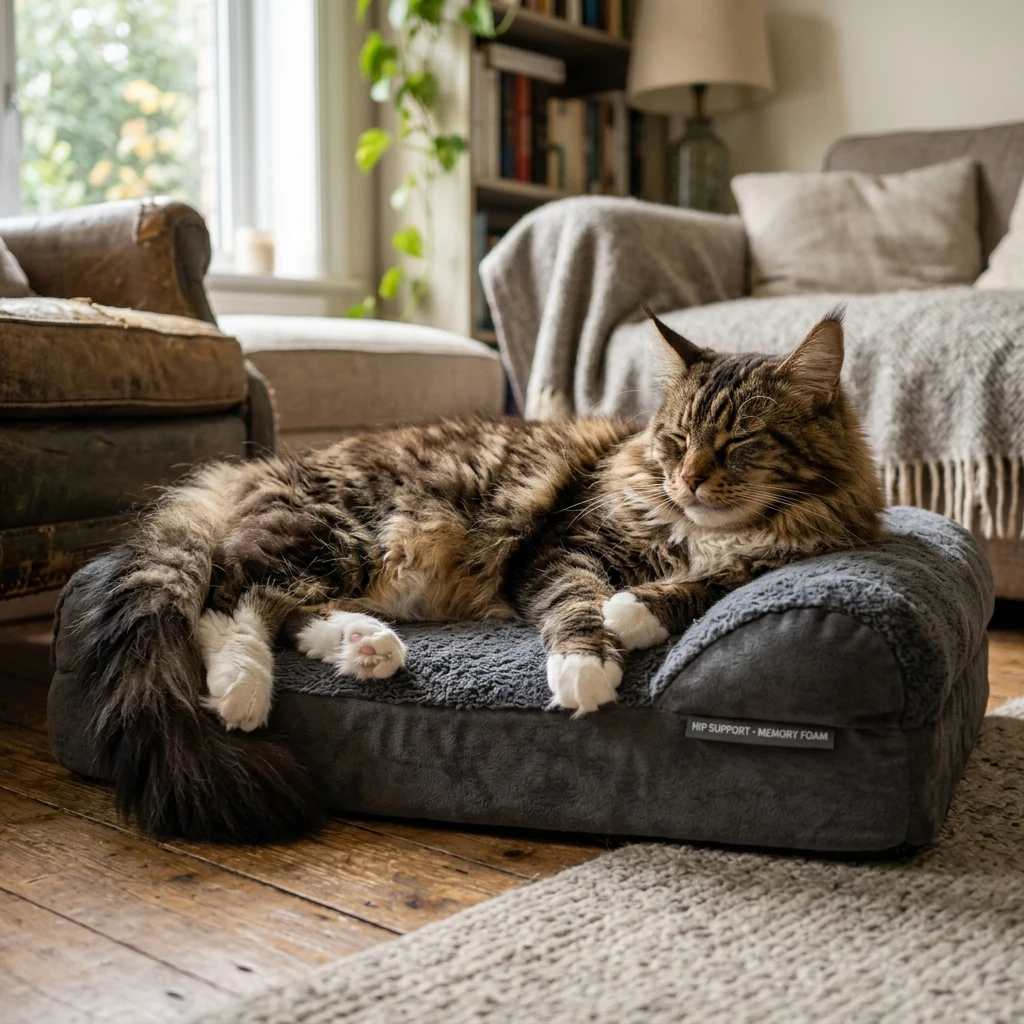 Maine Coon cat resting comfortably on orthopedic bed