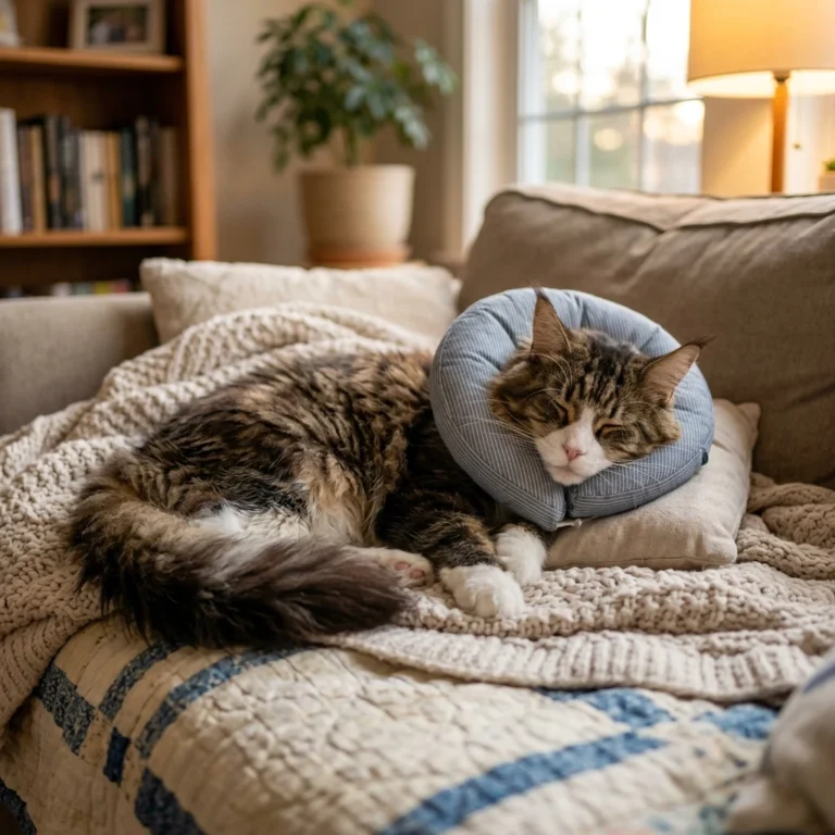Maine Coon cat in recovery cone after spay neuter surgery