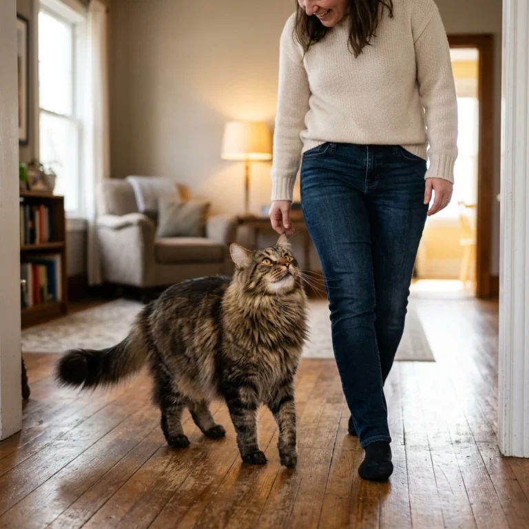 Friendly Maine Coon cat following its owner like a dog