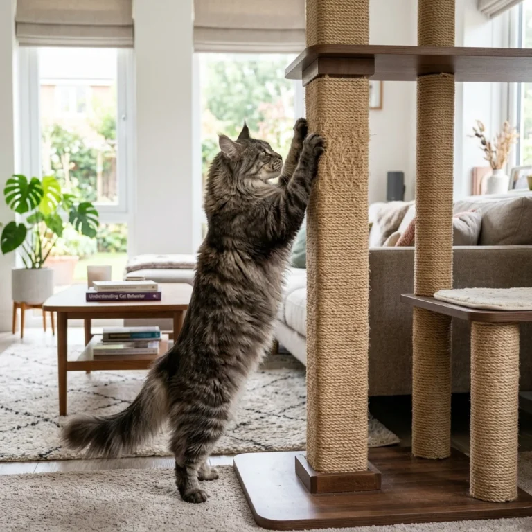 Maine Coon cat using tall sisal scratching post