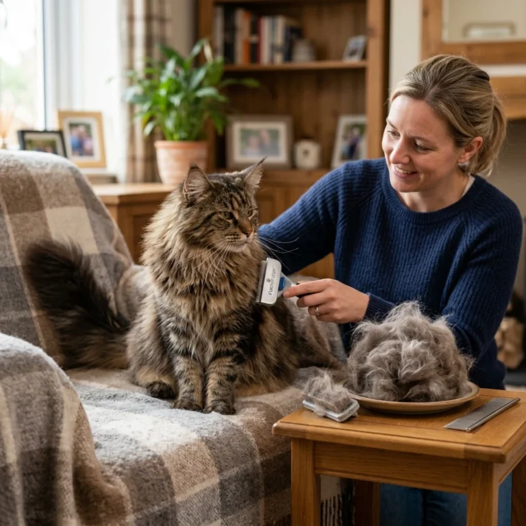 Maine Coon cat being groomed with deshedding brush
