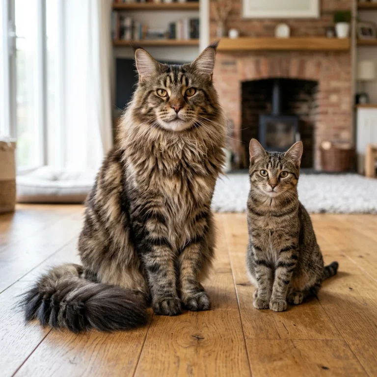 Maine Coon cat size comparison next to a regular cat
