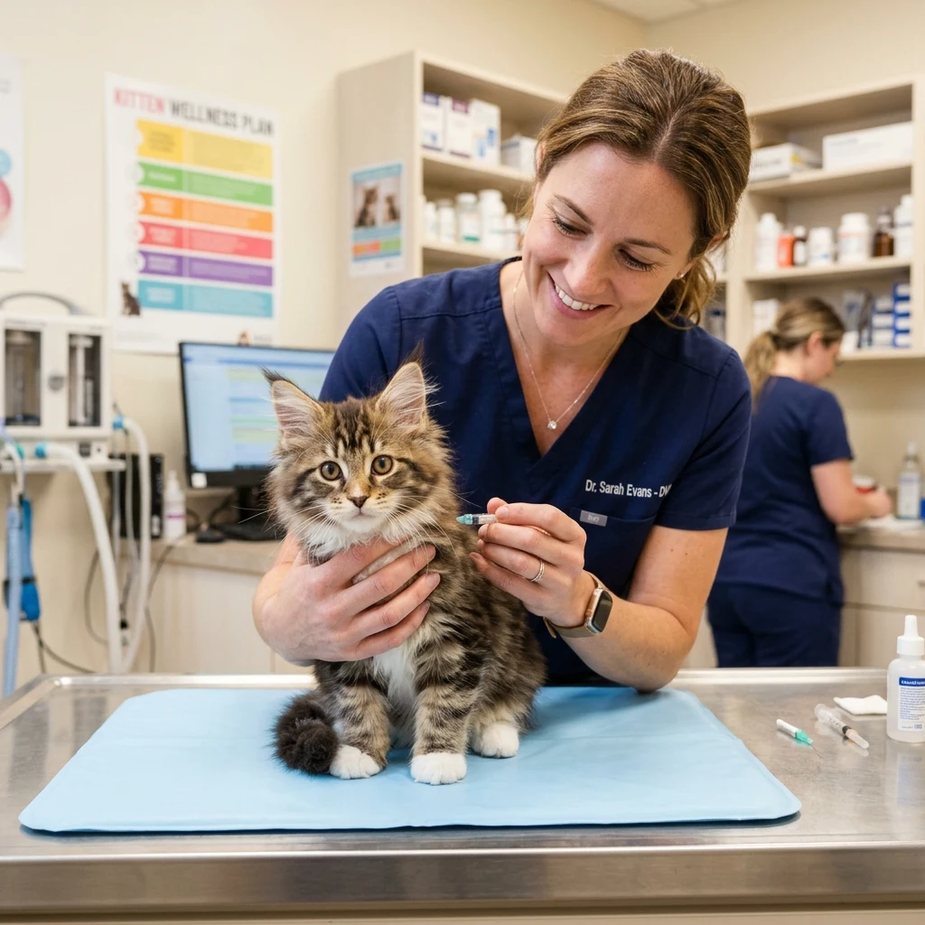 Maine Coon kitten receiving vaccination at veterinary clinic