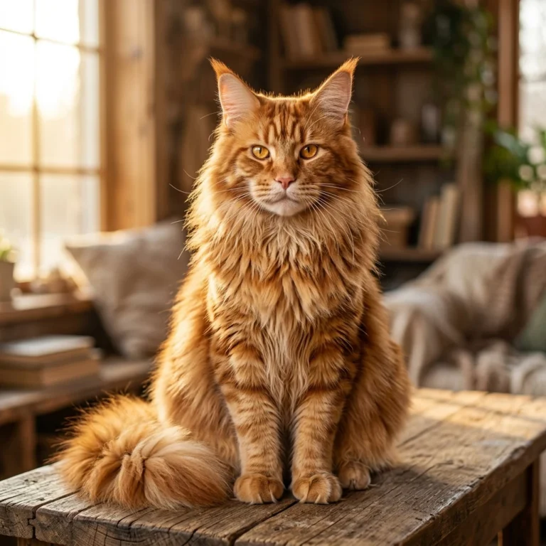 Magnificent orange tabby Maine Coon cat with marmalade coat