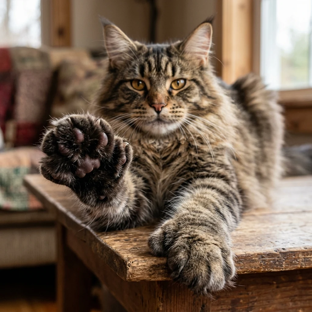 Polydactyl Maine Coon cat with extra toes on mitten paws