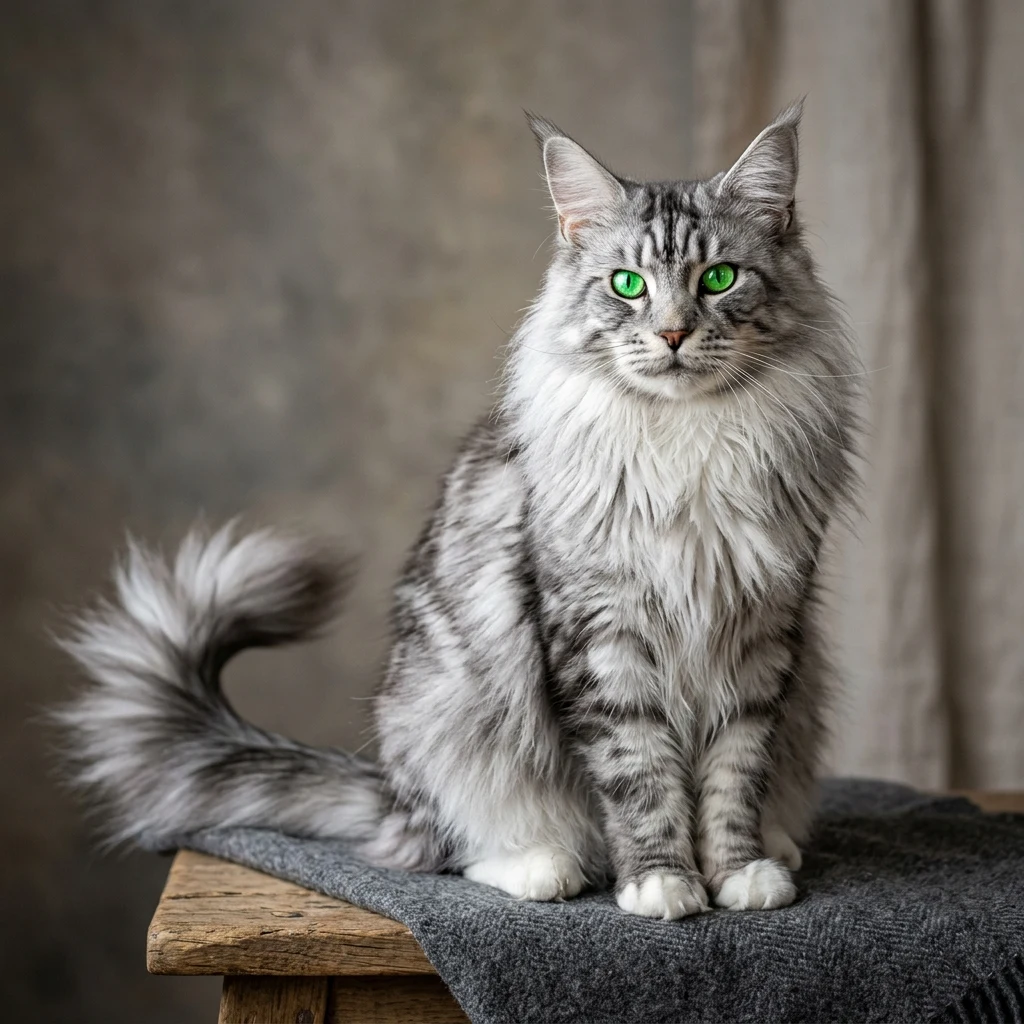 Silver Maine Coon cat with green eyes