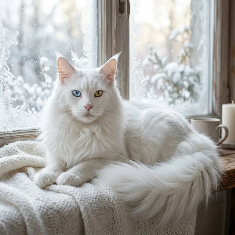 Pure white Maine Coon cat with blue eyes near window
